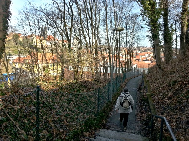 Abwärts auf den Justusstufen mit Blick zum Burgberg